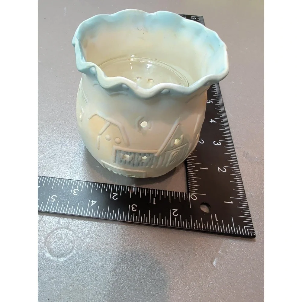 Vintage Style Ceramic Village Tealight Holder Scalloped Blue Rim Glass Insert 4